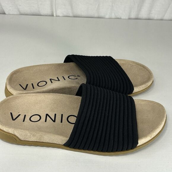 Vionic Shoes - Vionic Evie Knit Slide Sandals Black Beige Women's Size 8.5 Wide Comfort